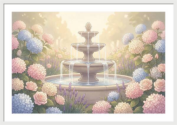 Garden Fountain Surrounded By Flowers