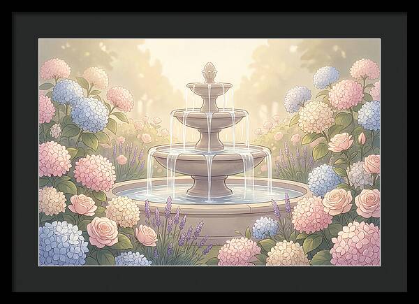 Garden Fountain Surrounded By Flowers