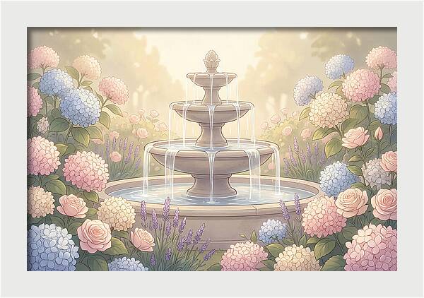 Garden Fountain Surrounded By Flowers