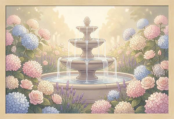 Garden Fountain Surrounded By Flowers