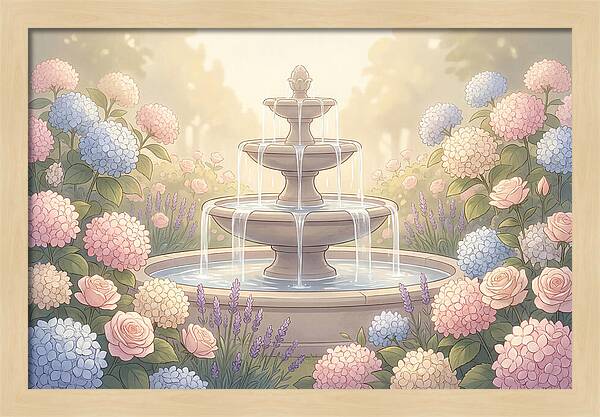 Garden Fountain Surrounded By Flowers