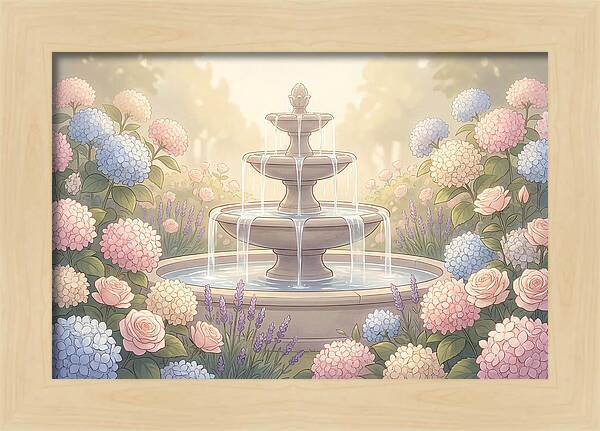 Garden Fountain Surrounded By Flowers