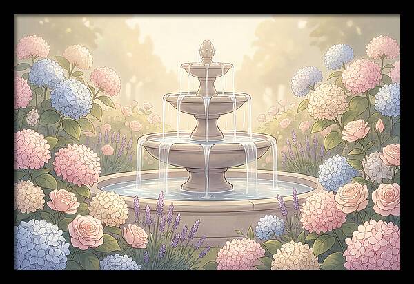 Garden Fountain Surrounded By Flowers