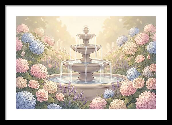 Garden Fountain Surrounded By Flowers