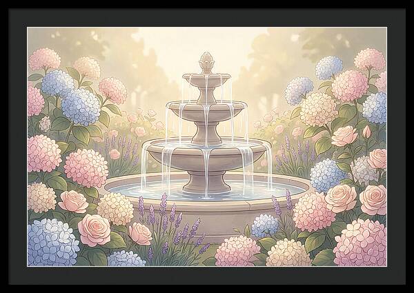 Garden Fountain Surrounded By Flowers
