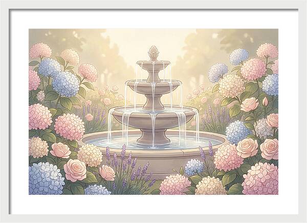 Garden Fountain Surrounded By Flowers