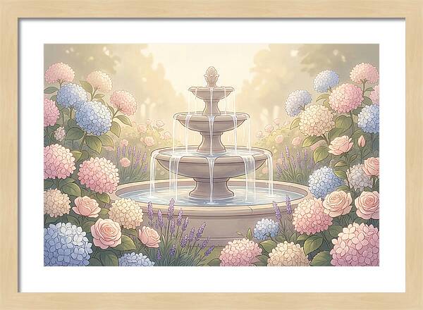 Garden Fountain Surrounded By Flowers