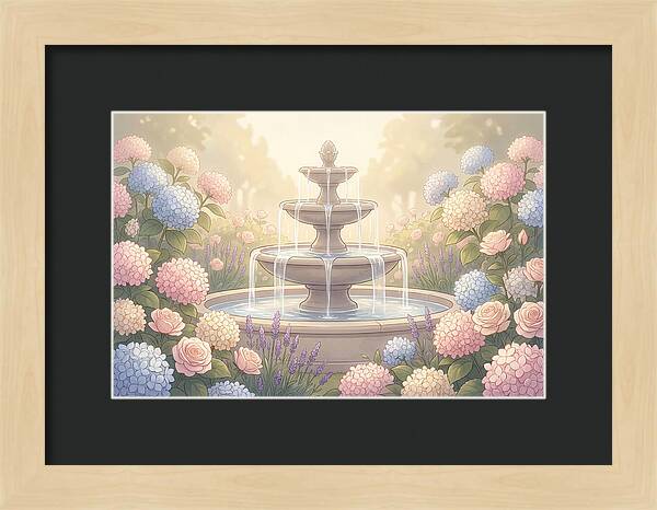Garden Fountain Surrounded By Flowers