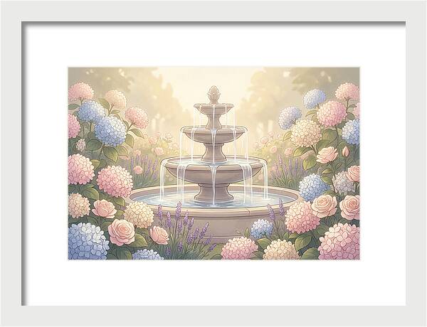 Garden Fountain Surrounded By Flowers
