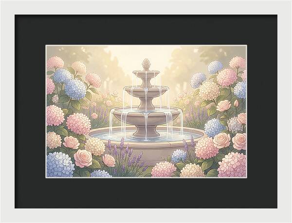 Garden Fountain Surrounded By Flowers