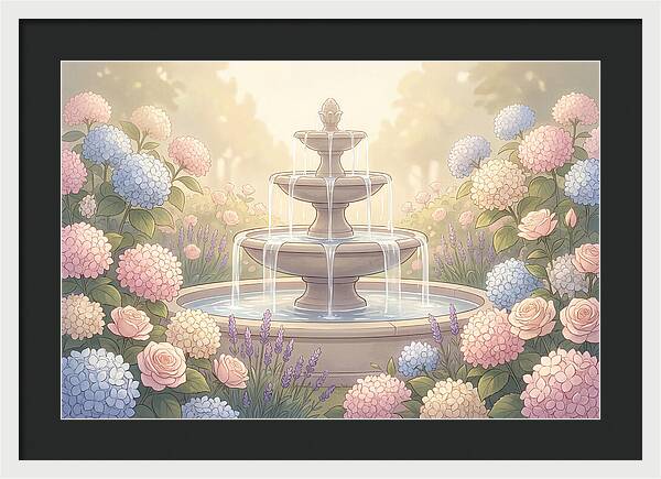 Garden Fountain Surrounded By Flowers