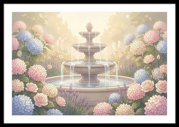 Garden Fountain Surrounded By Flowers