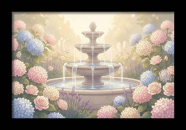 Garden Fountain Surrounded By Flowers