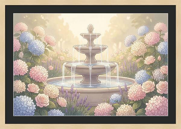 Garden Fountain Surrounded By Flowers