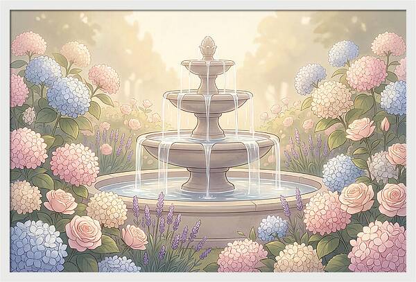 Garden Fountain Surrounded By Flowers
