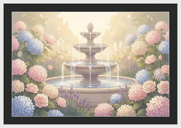 Garden Fountain Surrounded By Flowers