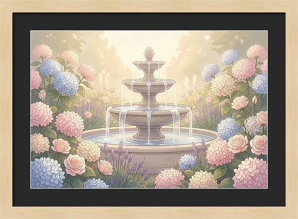 Garden Fountain Surrounded By Flowers