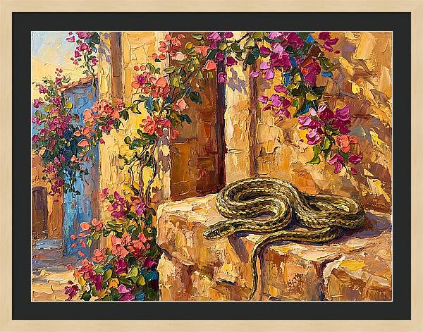 Garter Snake Among Bougainvillea