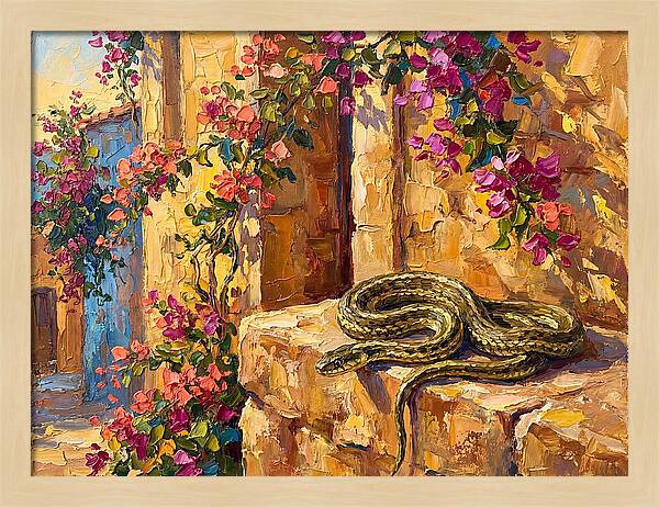 Garter Snake Among Bougainvillea