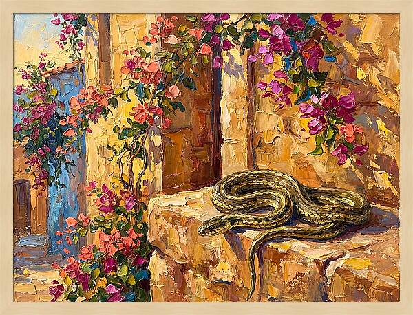 Garter Snake Among Bougainvillea