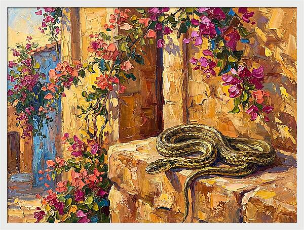 Garter Snake Among Bougainvillea