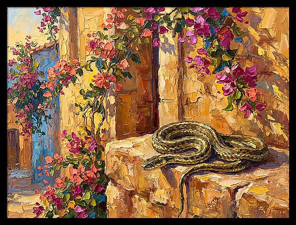 Garter Snake Among Bougainvillea