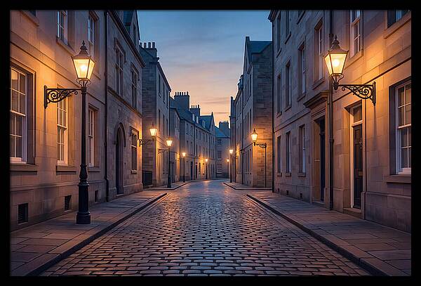Gas Lamp Lit Cobblestone Lane