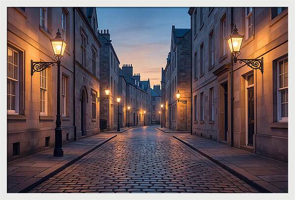 Gas Lamp Lit Cobblestone Lane