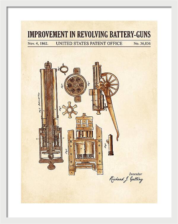 Gatling Gun Battery Gun Watercolor Patent Us36836