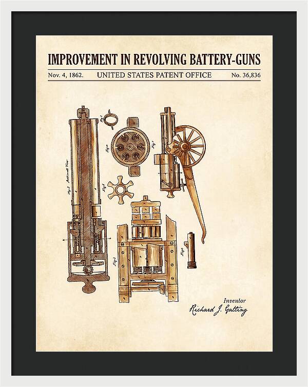 Gatling Gun Battery Gun Watercolor Patent Us36836