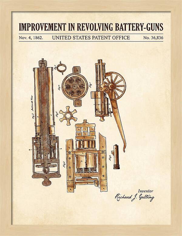 Gatling Gun Battery Gun Watercolor Patent Us36836