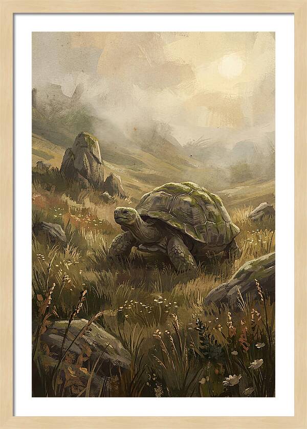 Giant Tortoise In Lush Highlands