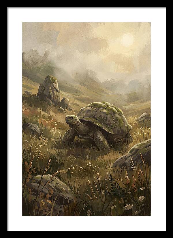 Giant Tortoise In Lush Highlands