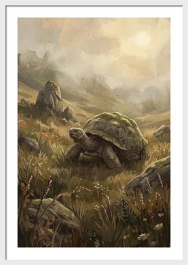 Giant Tortoise In Lush Highlands