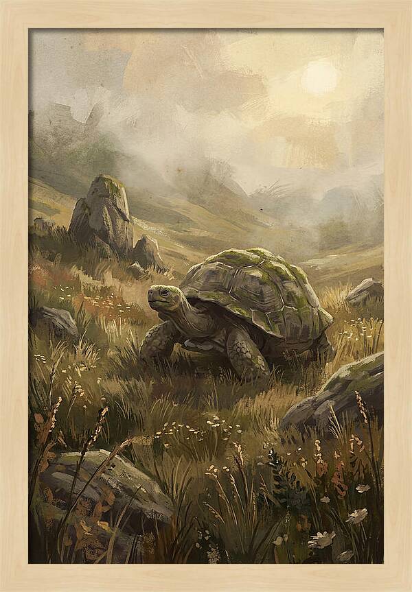 Giant Tortoise In Lush Highlands