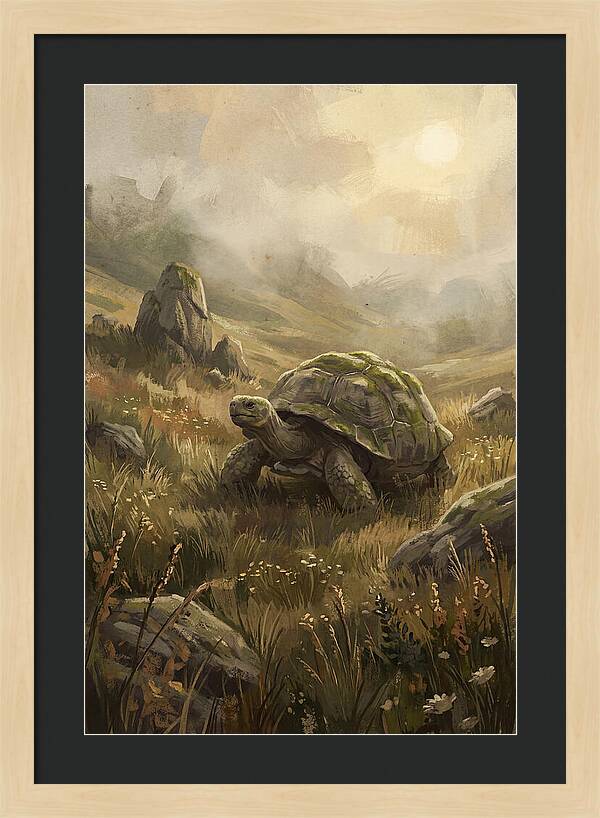 Giant Tortoise In Lush Highlands