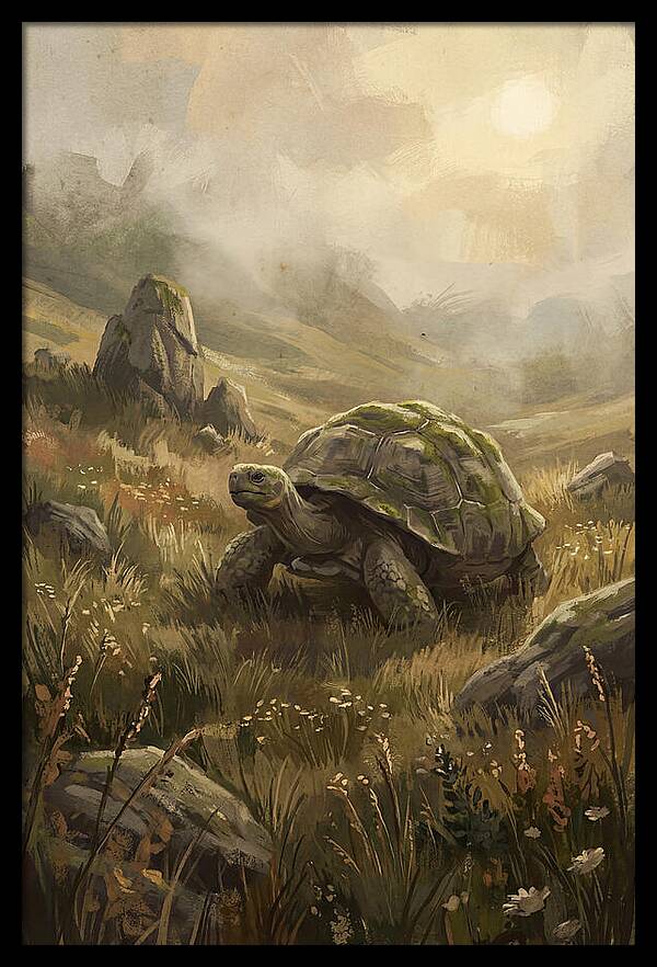 Giant Tortoise In Lush Highlands