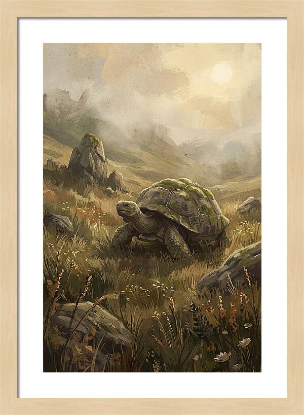 Giant Tortoise In Lush Highlands