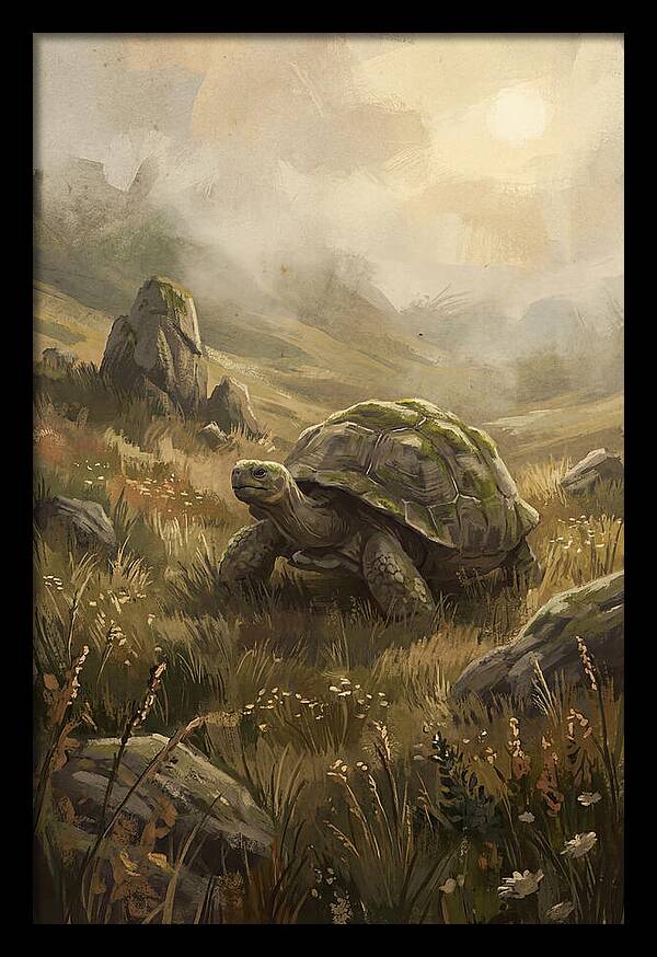 Giant Tortoise In Lush Highlands