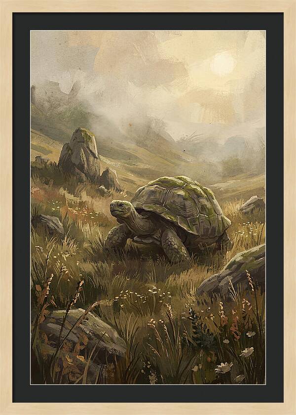 Giant Tortoise In Lush Highlands