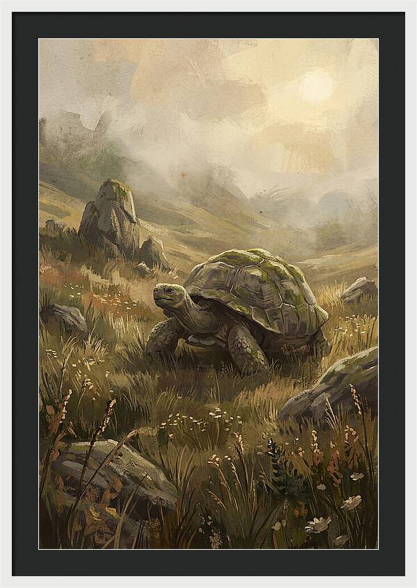 Giant Tortoise In Lush Highlands