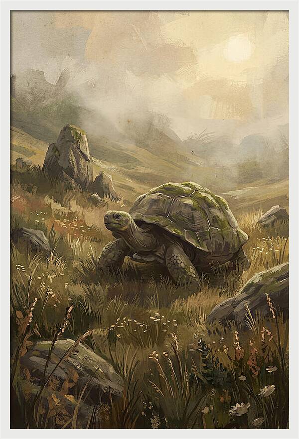 Giant Tortoise In Lush Highlands