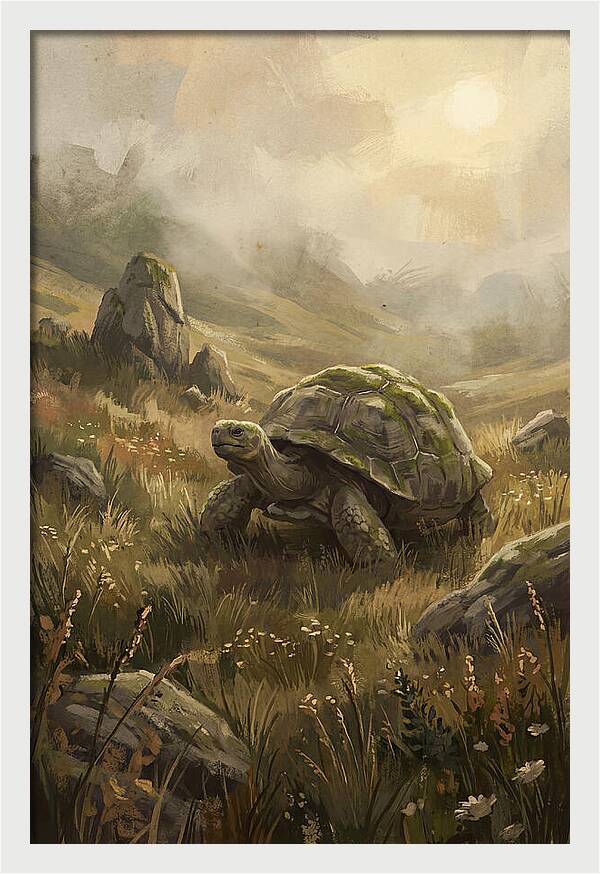 Giant Tortoise In Lush Highlands