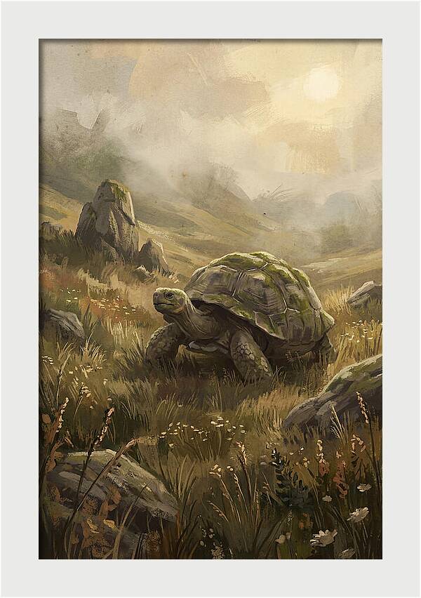 Giant Tortoise In Lush Highlands