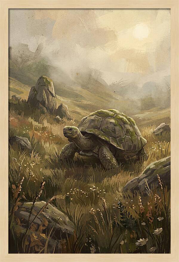 Giant Tortoise In Lush Highlands