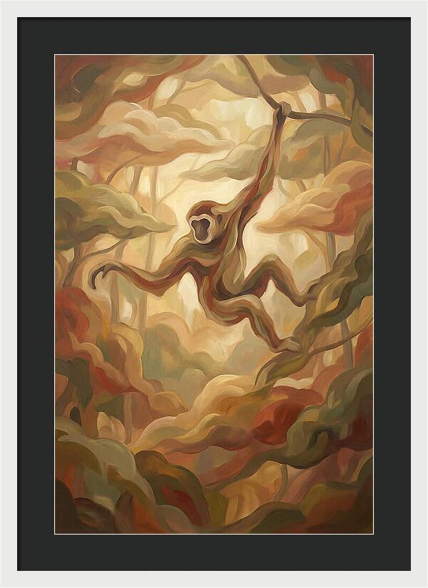 Gibbon Swinging Through Lush Canopy
