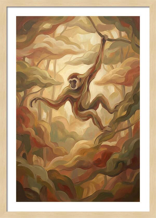 Gibbon Swinging Through Lush Canopy