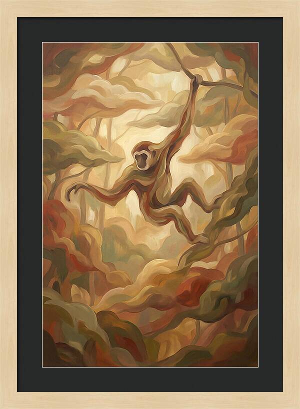 Gibbon Swinging Through Lush Canopy