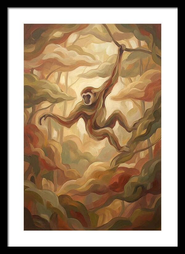 Gibbon Swinging Through Lush Canopy