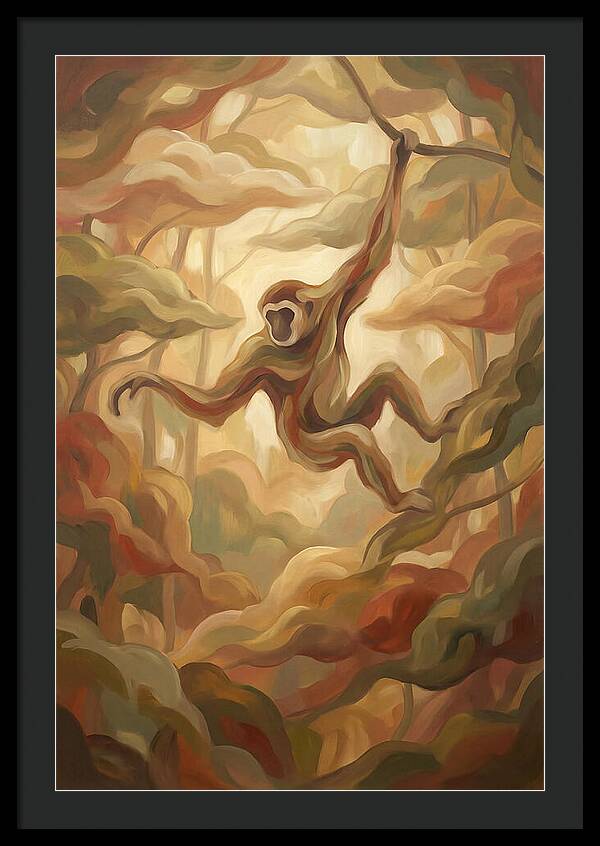 Gibbon Swinging Through Lush Canopy